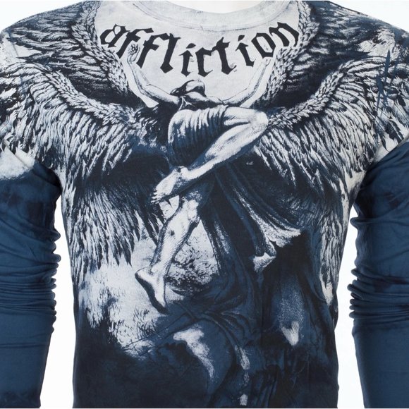 AFFLICTION Men's T-Shirt Long Sleeve UPWARD Wings Tattoo Biker Blue - Picture 5 of 7